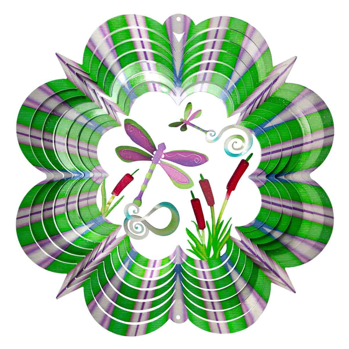 12" 3D Dragonfly Wind Spinner made from powder-coated stainless steel, featuring an intricate dragonfly design and dynamic 3D motion for outdoor décor.