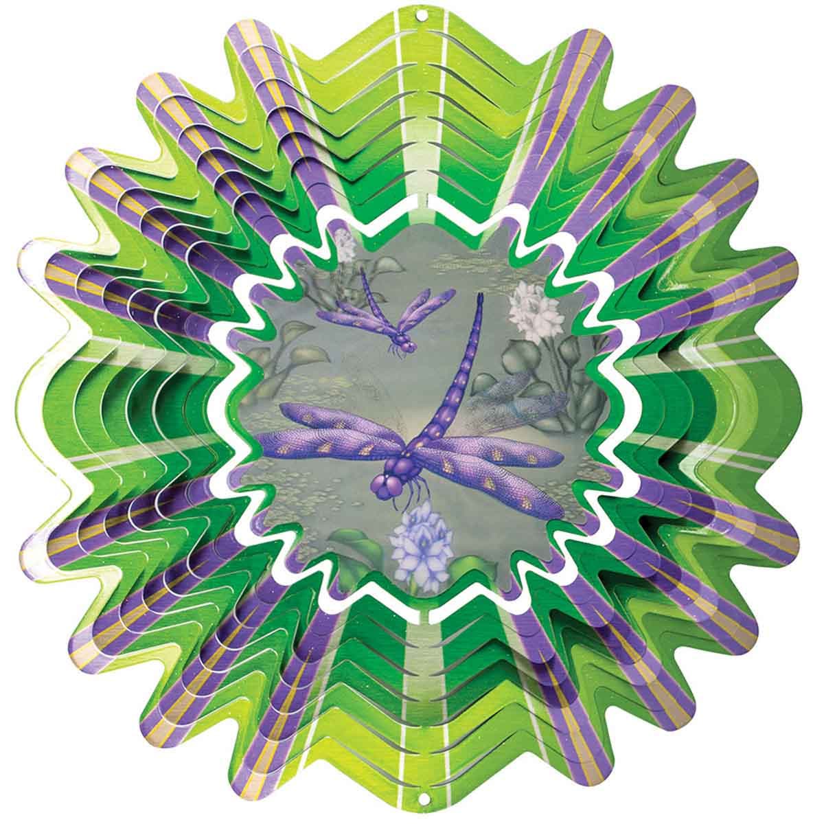 12" Animated Dragonfly Wind Spinner with an acrylic lenticular disc, durable stainless steel, and dynamic dragonfly design for outdoor décor.