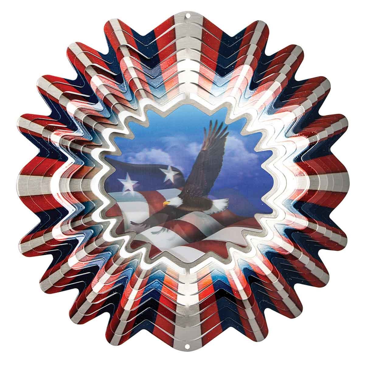 12" Animated Patriotic Wind Spinner with an acrylic lenticular disc, featuring an eagle flying over a rolling flag, made for stunning outdoor décor.