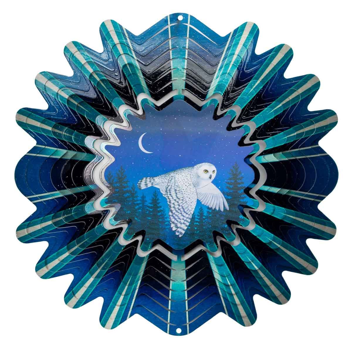12" Animated Snowy Owl Wind Spinner with an acrylic lenticular disc, powder-coated stainless steel, and flying owl design for elegant outdoor décor.