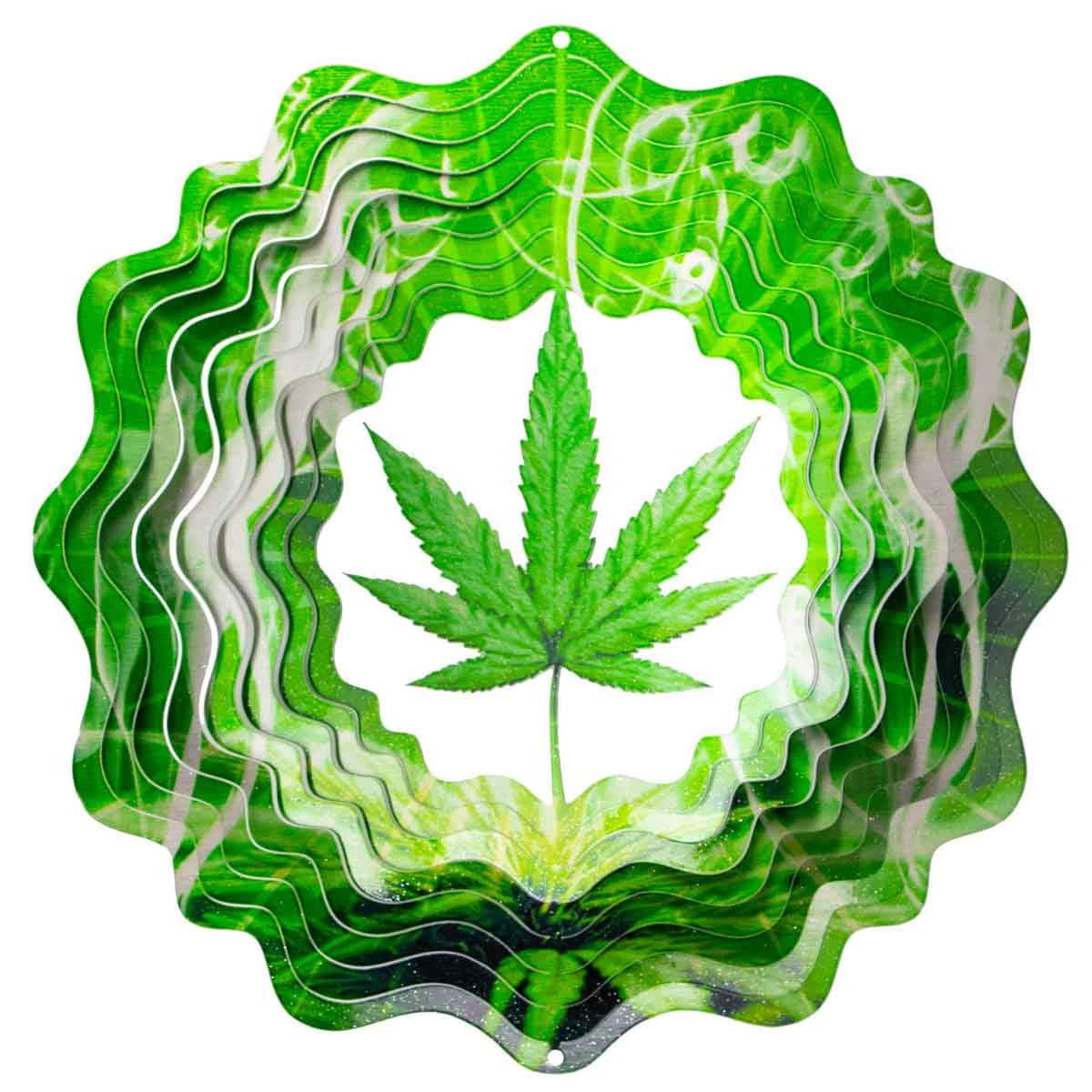 12" Cannabis Leaf Wind Spinner made from powder-coated stainless steel, featuring a bold leaf design and dynamic motion for unique outdoor décor.