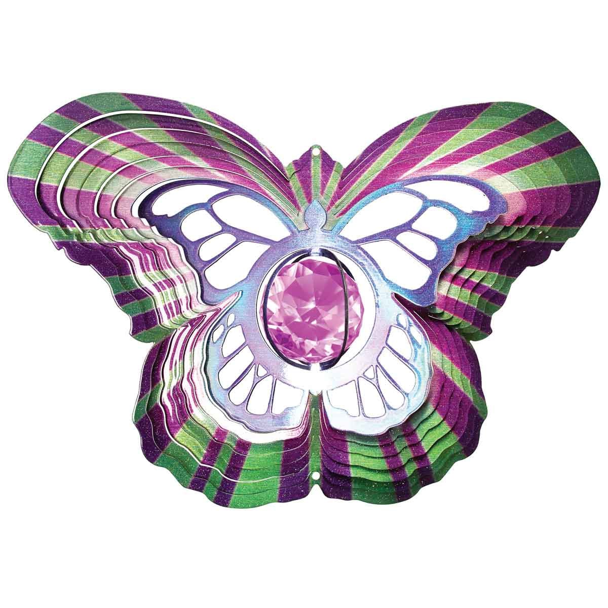 12" Crystal Butterfly Wind Spinner with a cut glass crystal center, powder-coated stainless steel, and dynamic butterfly design for elegant outdoor décor.