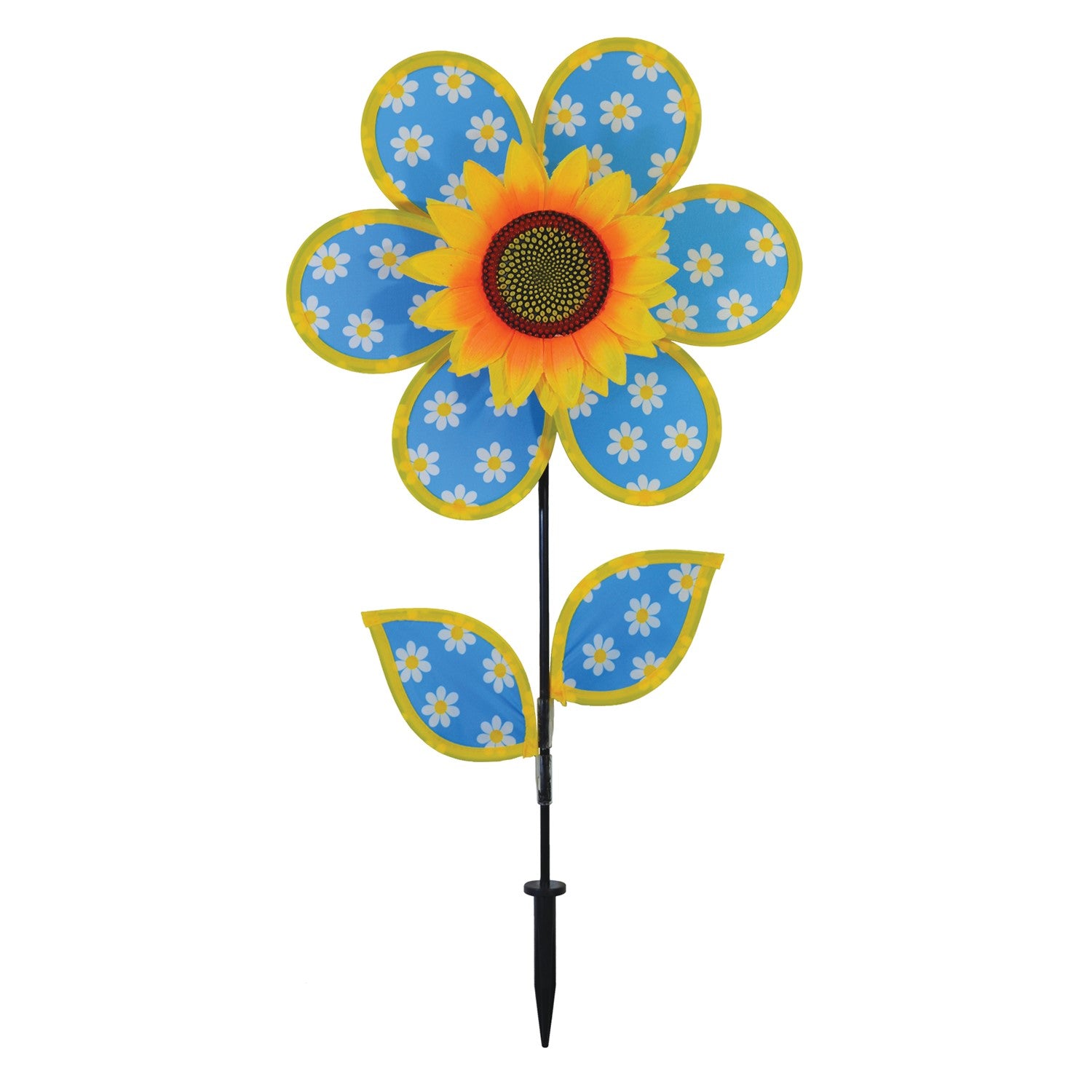 12-inch Daisy Sunflower Spinner with six blue petals and sunflower center spinning in the breeze, displaying colorful garden decor.