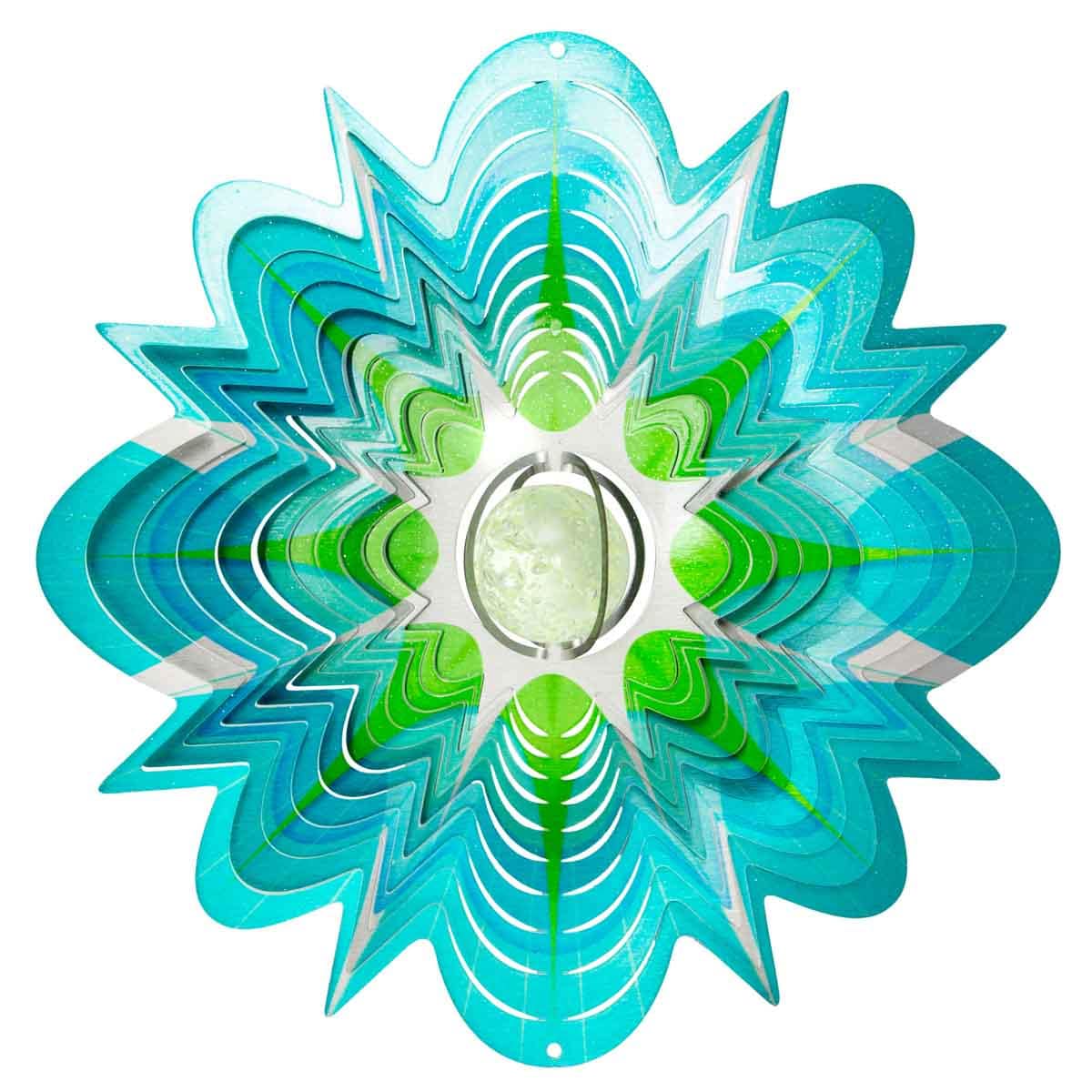 12" Glow Splash Wind Spinner with a cut glass crystal center, powder-coated stainless steel, and dynamic motion for elegant outdoor décor.