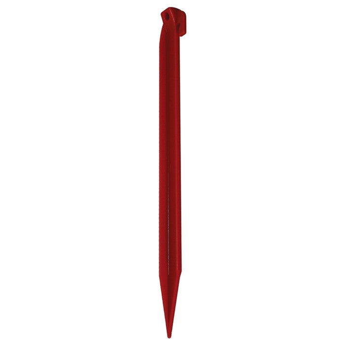 12-inch red ground stake made from shatter-resistant plastic, featuring T-shaped ridges for grip, ideal for securing tents and kites outdoors.