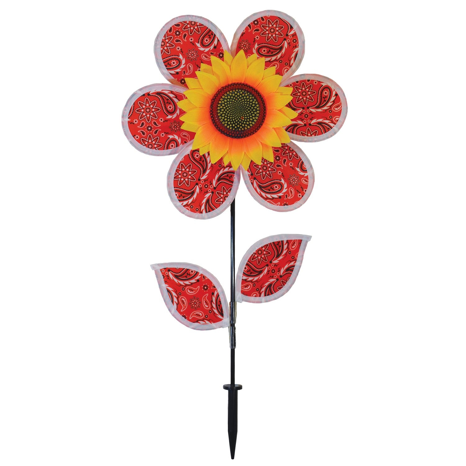 12-inch Paisley Sunflower Spinner with six colorful petals and detailed sunflower center, spinning gently in an outdoor garden setting.