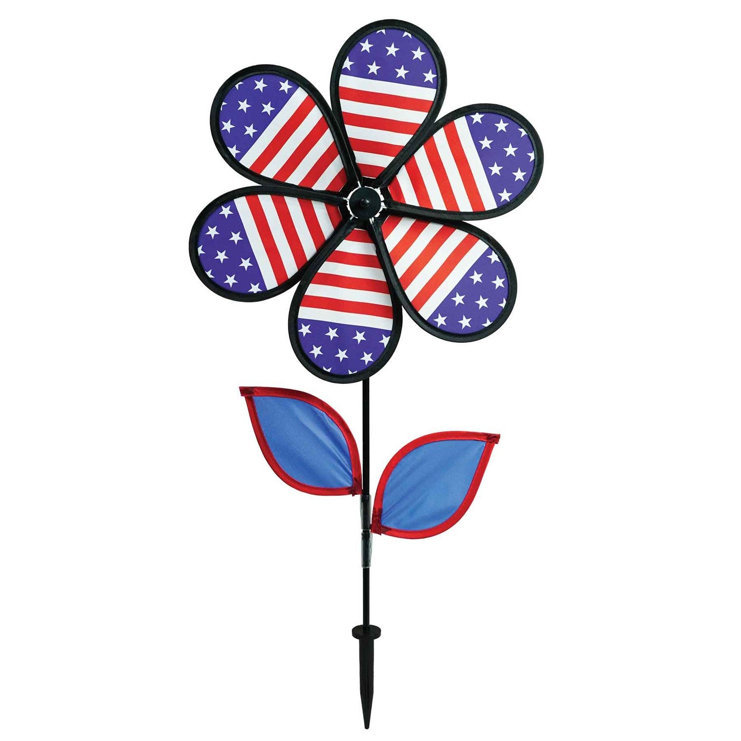 12-inch Patriotic Flower Spinner with stars and stripes petals, colorful leaves on a fiberglass stem, elegantly spinning in the breeze.