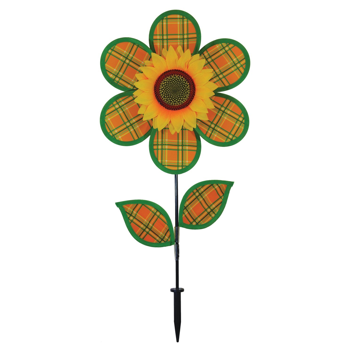 12 inches Plaid Sunflower Spinner with orange and green plaid petals rotating on a 17-inch fiberglass pole in a garden setting.