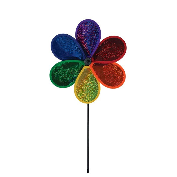 12-inch Rainbow Glitter Flower Spinner featuring colorful petals and a fiberglass pole, spinning effortlessly in a sunny garden setting.