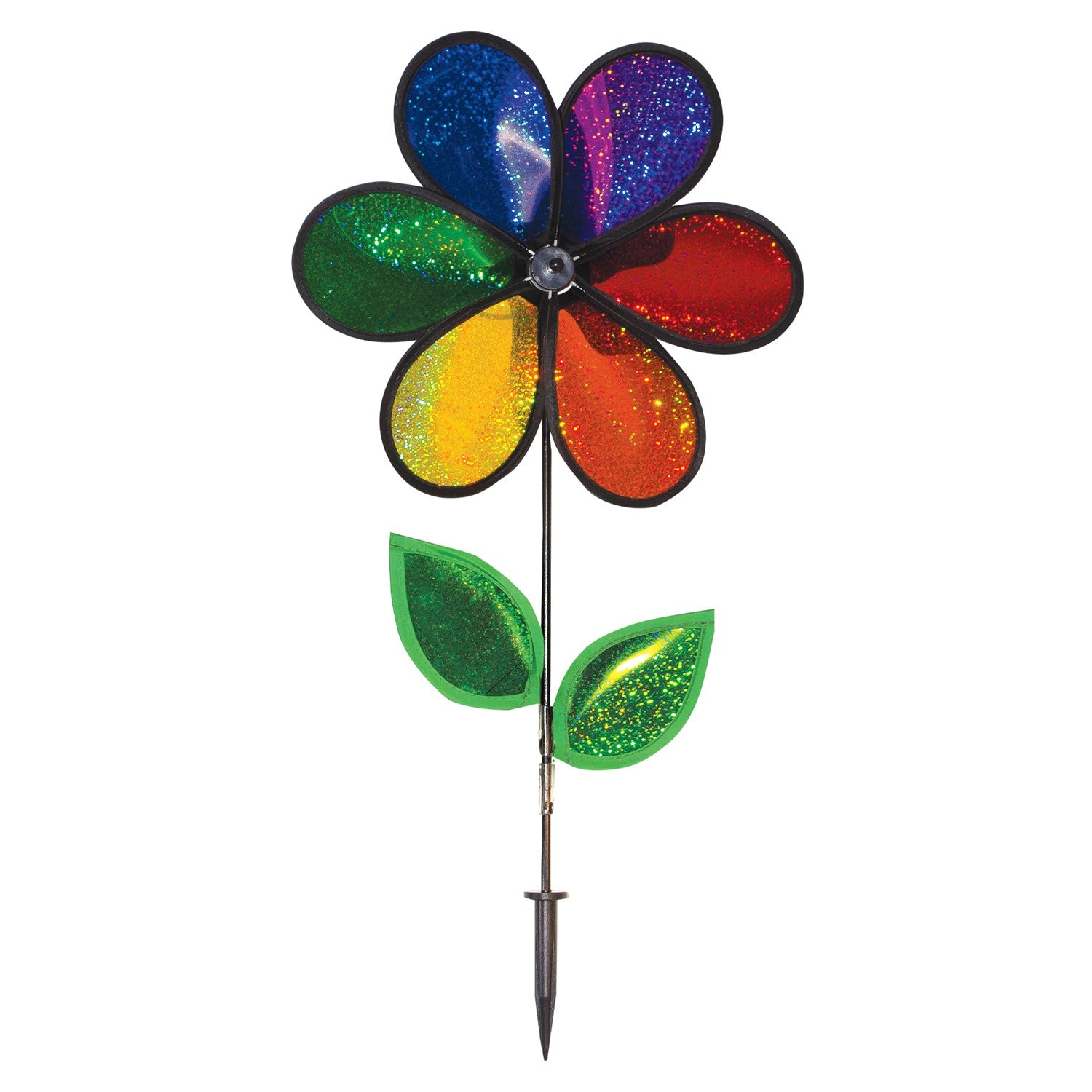 12-inch Rainbow Sparkle Flower Spinner featuring six colorful Mylar petals and green leaves on a fiberglass pole in a garden setting.