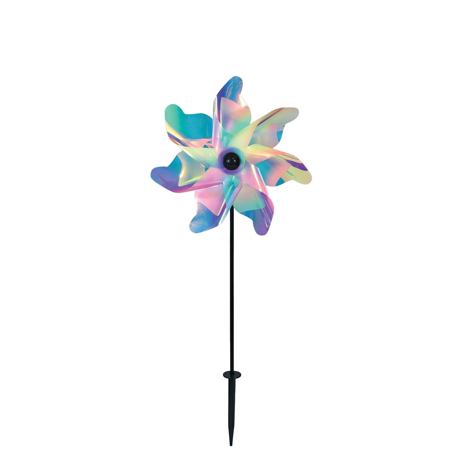 12-inch Striped Iridescent Pinwheel Spinner with pastel striped Mylar petals, displayed on a fiberglass pole in a blooming flower garden.