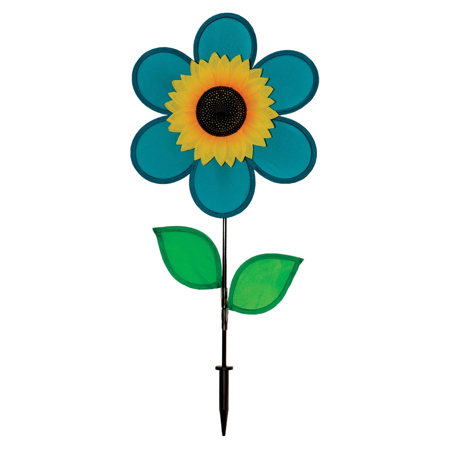 Vibrant 12-inch teal sunflower spinner with bright teal petals, green leaves, and a detailed sunflower center displayed in a garden setting.