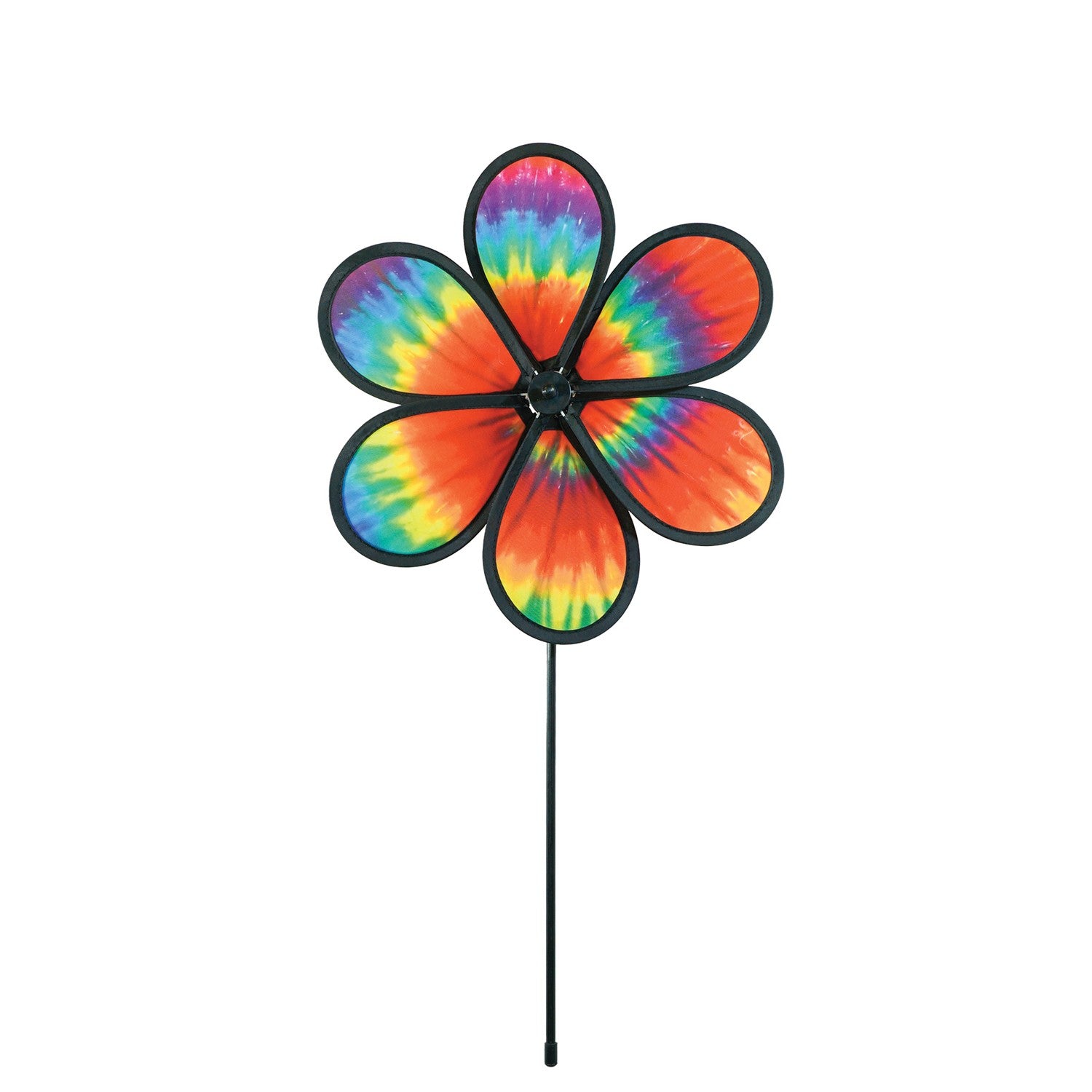 Colorful 12\" Tie Dye Daze Flower Spinner displaying vibrant tie-dye colors, spinning in a sunny garden setting, showcasing its whimsical design.