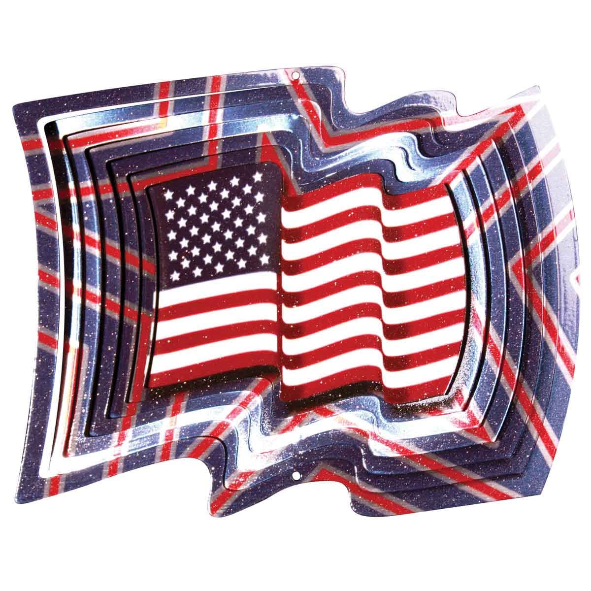 12" US Flag Wind Spinner made from powder-coated stainless steel, featuring a vibrant flag design and dynamic motion for patriotic outdoor décor.