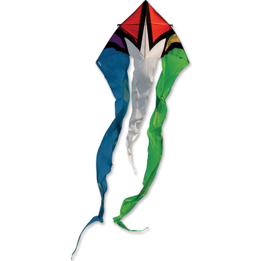 Vibrant 13 ft. Flo-Tail Delta Kite in rainbow burst colors flying high against a bright blue sky, showcasing its unique design.