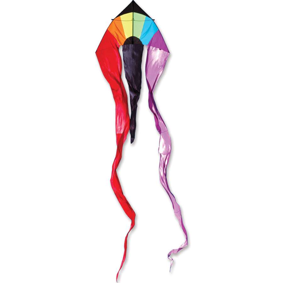 13 ft. Flo-Tail Delta Kite with vibrant rainbow colors soaring against a blue sky, showcasing its unique flo-tail design in flight.