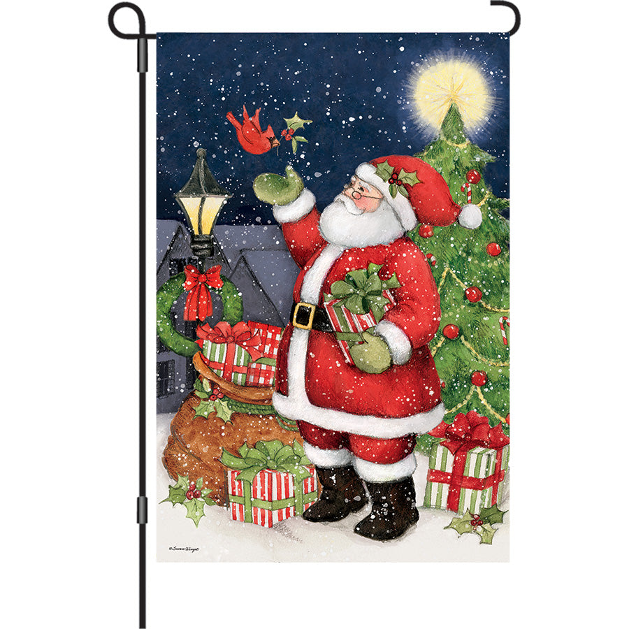 13 in. Elite Oversized Garden Flag showcasing Santa surrounded by vibrant cardinals, perfect for festive outdoor decor in winter.
