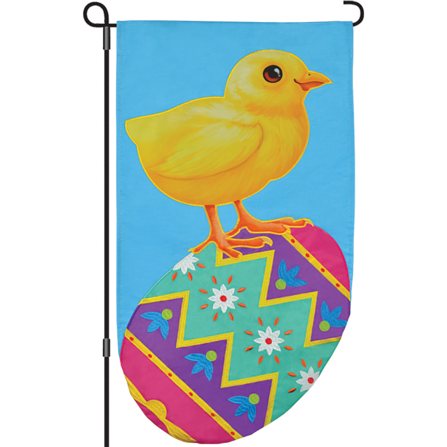 13 in. Easter Egg Chick garden flag showing a cheerful chick among colorful Easter eggs, designed as an embroidered applique for outdoor display.