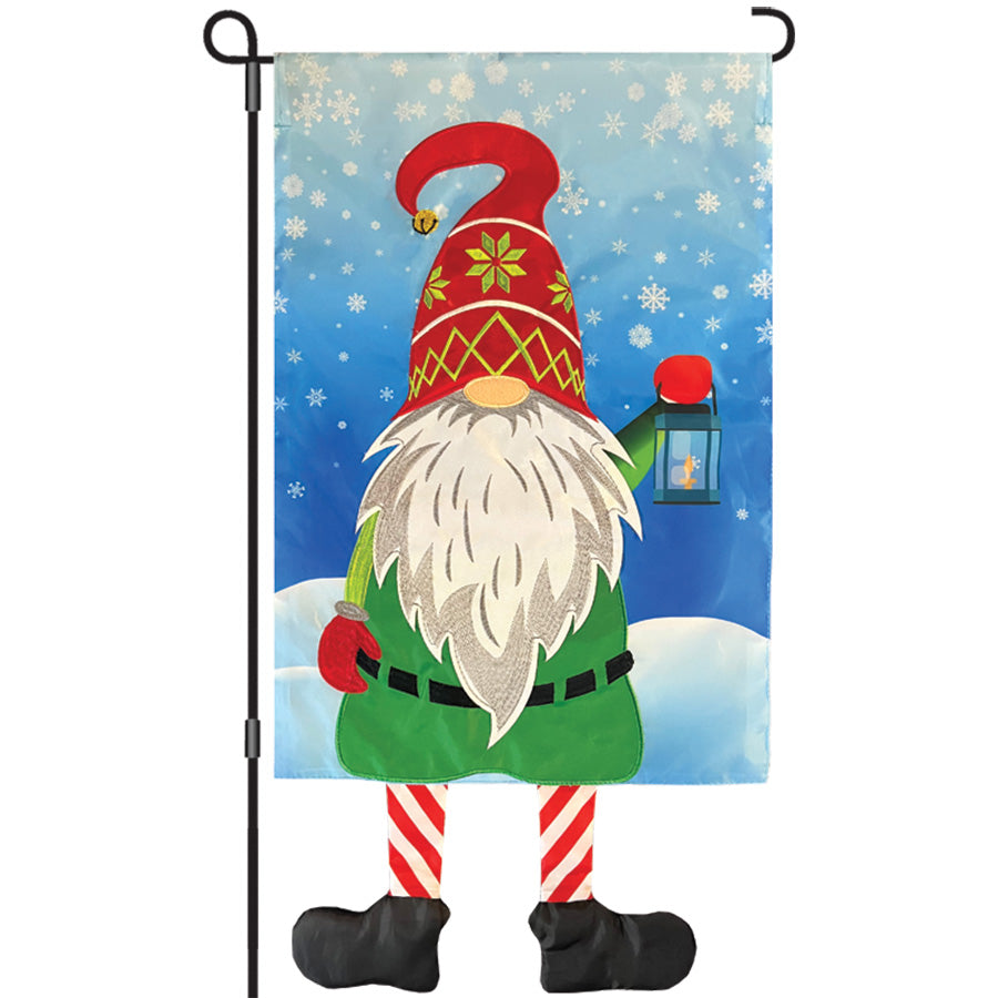 Winter Gnome garden flag featuring an embroidered gnome holding a lantern set against a snowy background, perfect for seasonal outdoor display.