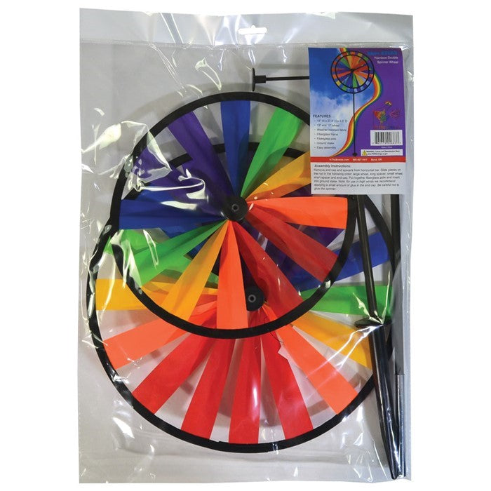 13-Inch Rainbow Double Wheel Spinner featuring colorful double wheels spinning in the breeze, ready for outdoor display in a garden or patio setting.