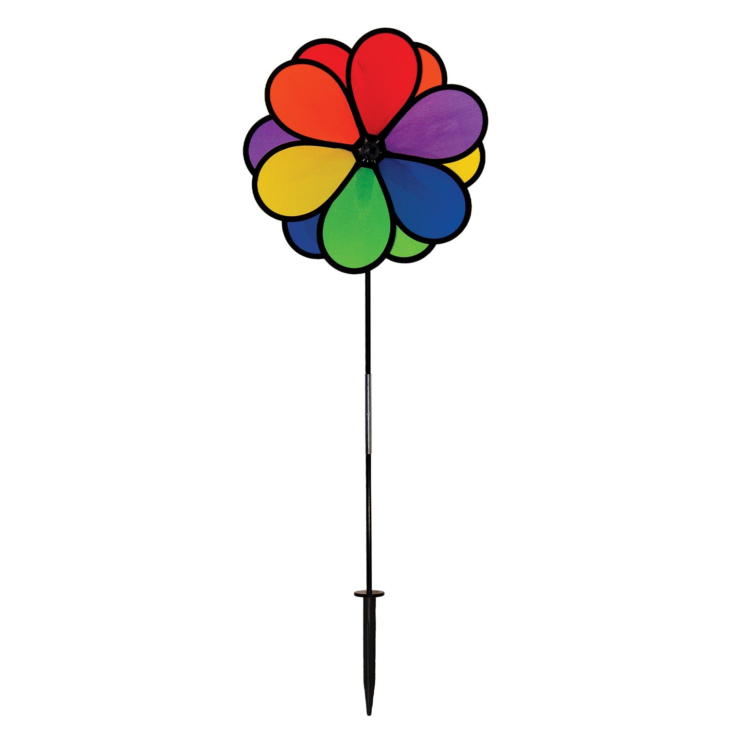 14" Double Flower Spinner features two rainbow-colored flower wheels spinning in opposite directions, adding dynamic decor to any garden.