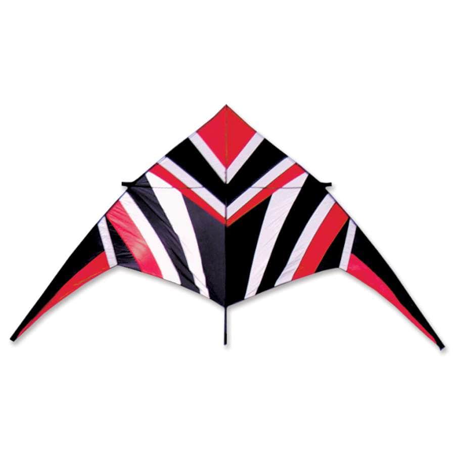 14 foot delta kite with red, white, and black pattern, carbon and fiberglass frame, and smooth high-angle flight for light to moderate winds.