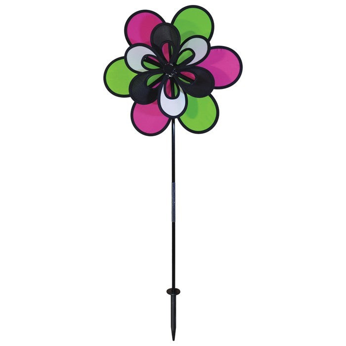 15'' Domino Windee Wheelz and Flower Spinner displaying vibrant flower and wheel designs, swirling in the garden under gentle breezes.