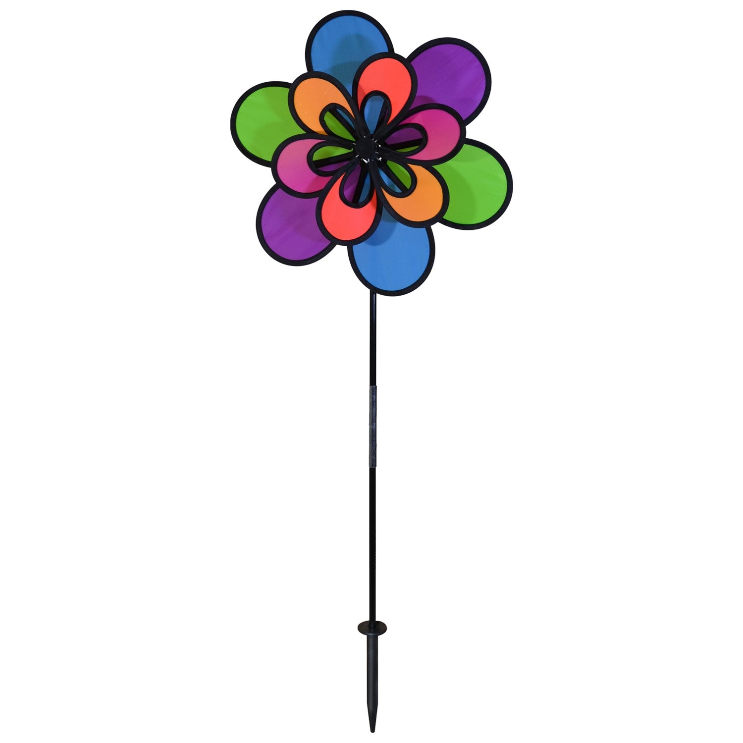 Brightly colored 15\" Neon Windee Wheelz and Flower Spinner in a garden setting, showcasing an animated flower design and spinning wheel.