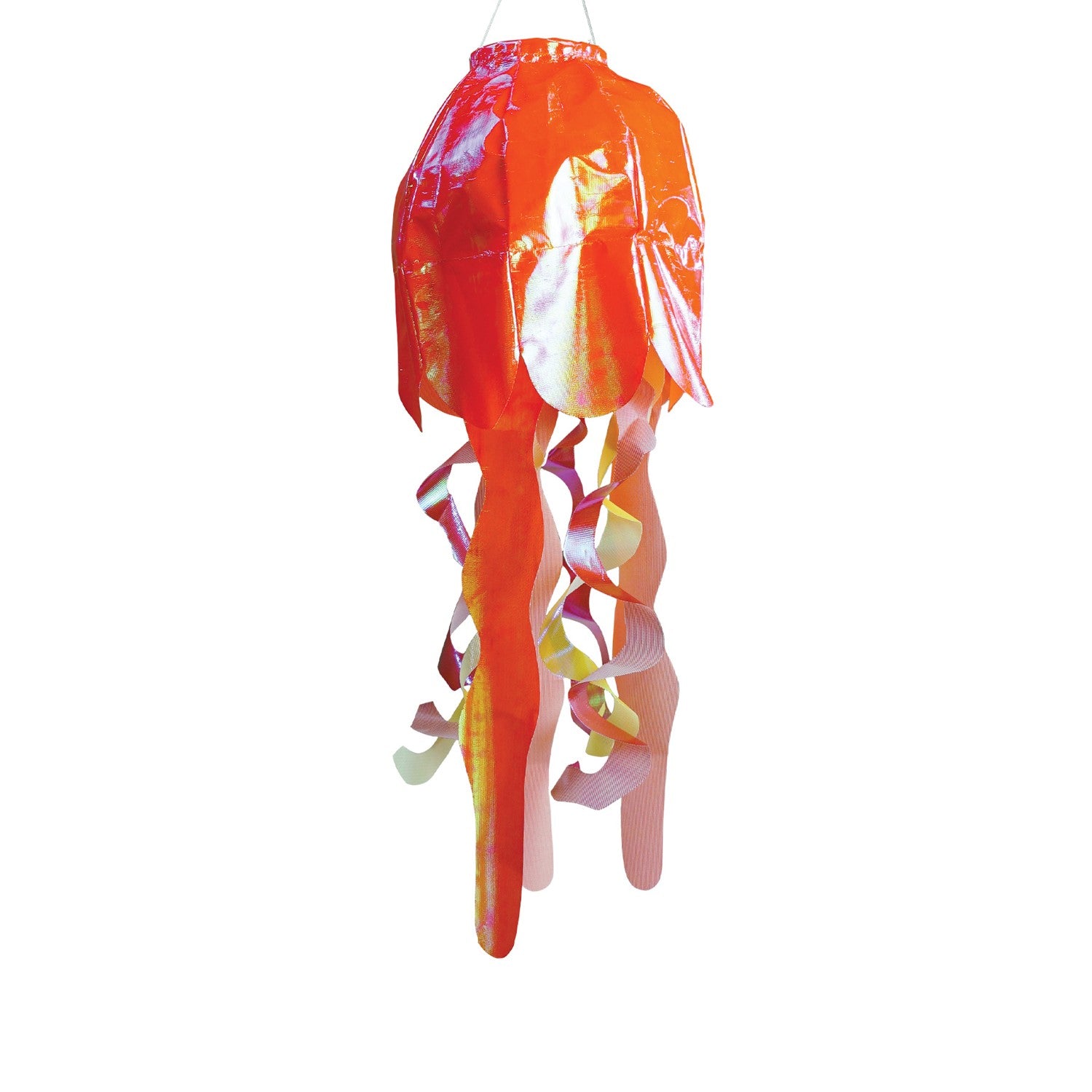 15-inch Orange Iridescent Jellyfish 3D Windsock swaying in the breeze, showcasing vivid colors and realistic jellyfish design.