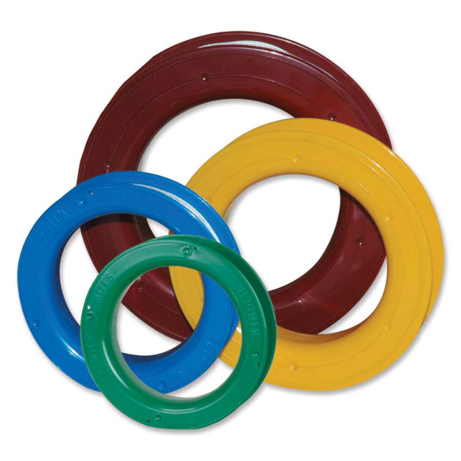 150Lb/500 ft. kite line with a yo-yo winder displayed outdoors, showcasing its clear braided construction ideal for kite flying.