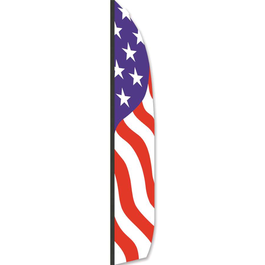 16 ft. Feather Banner made from ripstop nylon featuring patriotic colors and designs, displayed outdoors at a festival setting.