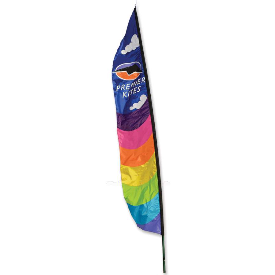 16 ft. Feather Banner made of SunTex polyester, showcasing a stunning stained-glass effect, displayed outdoors with a clear sky backdrop.
