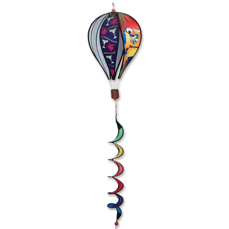 16 in. Hot Air Balloon - 5 O'Clock Somewhere, featuring colorful spinning design, displayed in a garden setting under sunny skies.