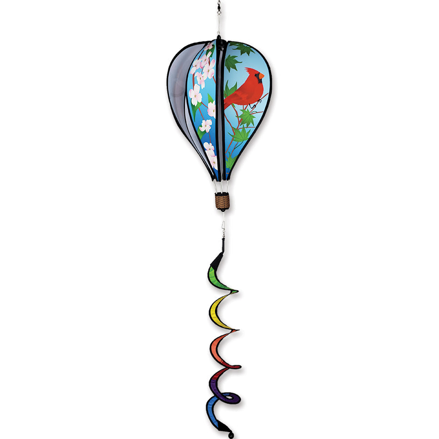 16 in. Hot Air Balloon featuring vibrant cardinal designs, spinning gracefully in a garden setting, perfect for outdoor decor enthusiasts.