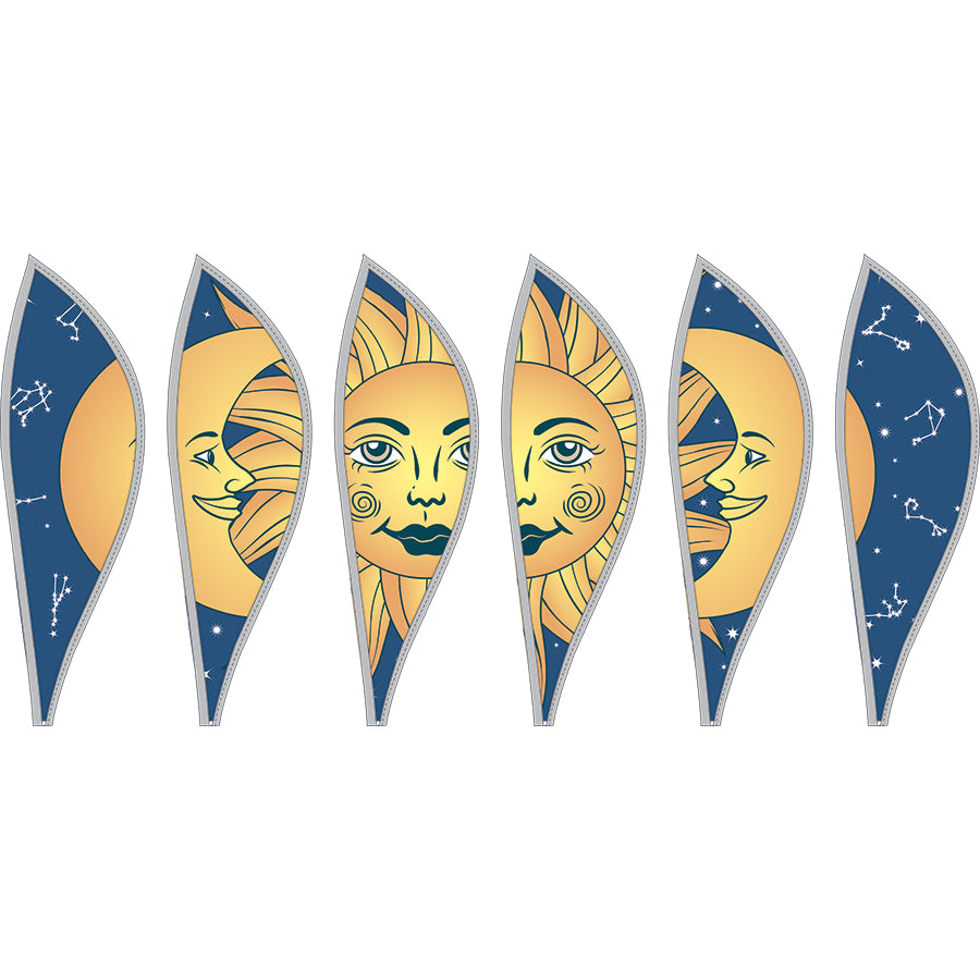16 in. Hot Air Balloon with a Celestial Sun and Moon design, showcasing vibrant colors and a twister tail, spinning in an outdoor garden setting.