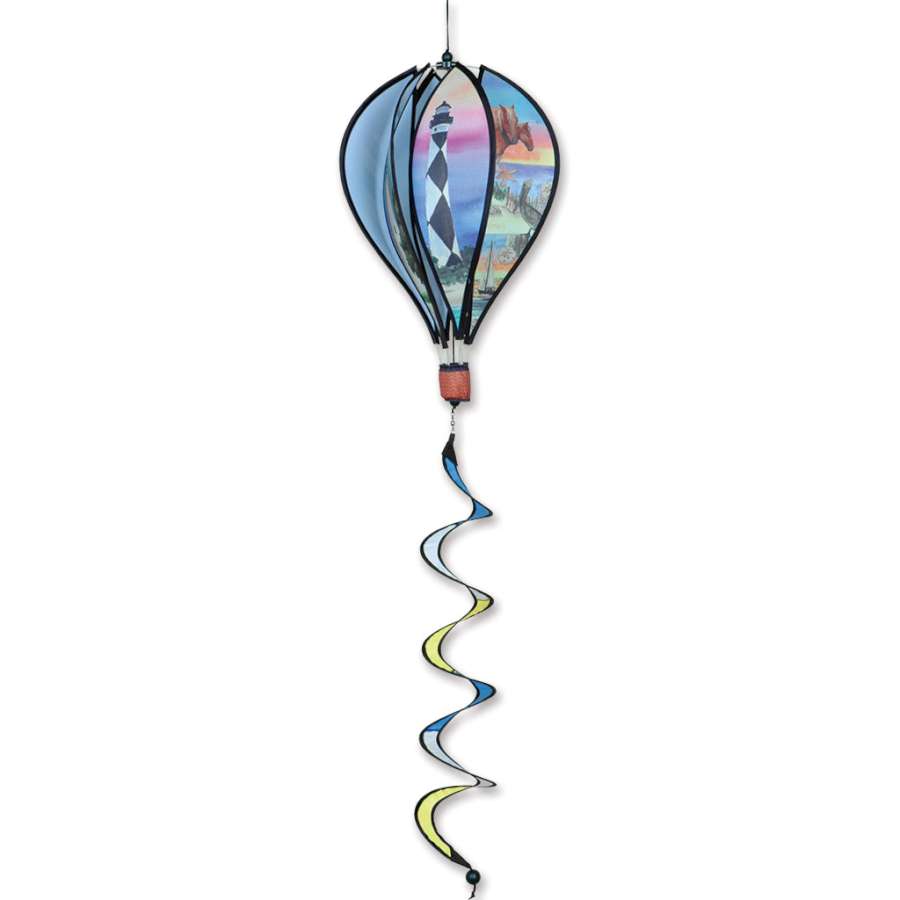 16 in. Hot Air Balloon showcasing colorful Outer Banks lighthouses, spinning in a garden setting, adding charm to the outdoor space.