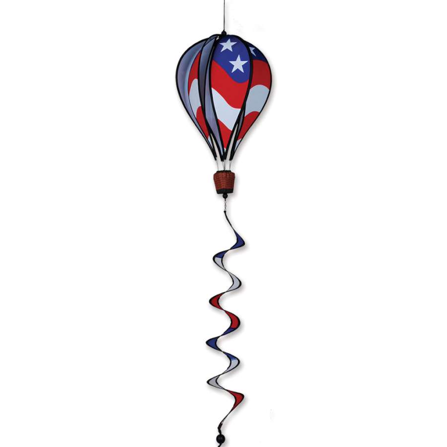 16 in. Hot Air Balloon featuring American flag design, spinning gracefully in outdoor setting, adding a festive touch to gardens.