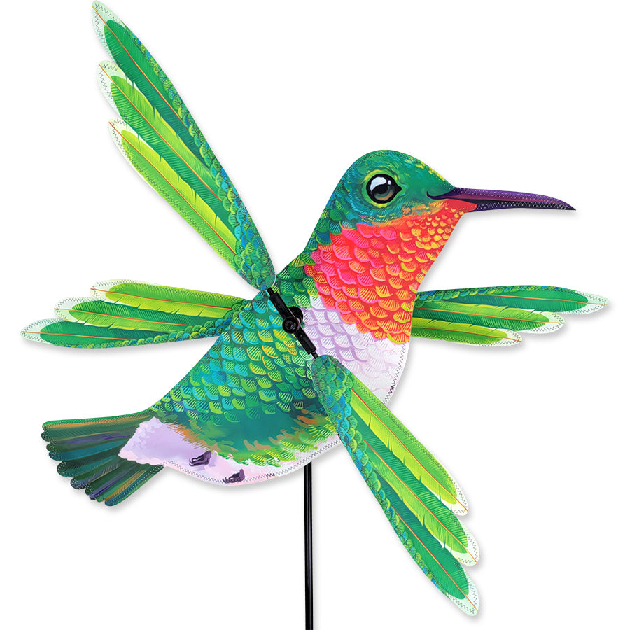 16 in. WhirliGig Spinner featuring a colorful hummingbird design, spinning gracefully in a garden setting, made of durable SunTex fabric.