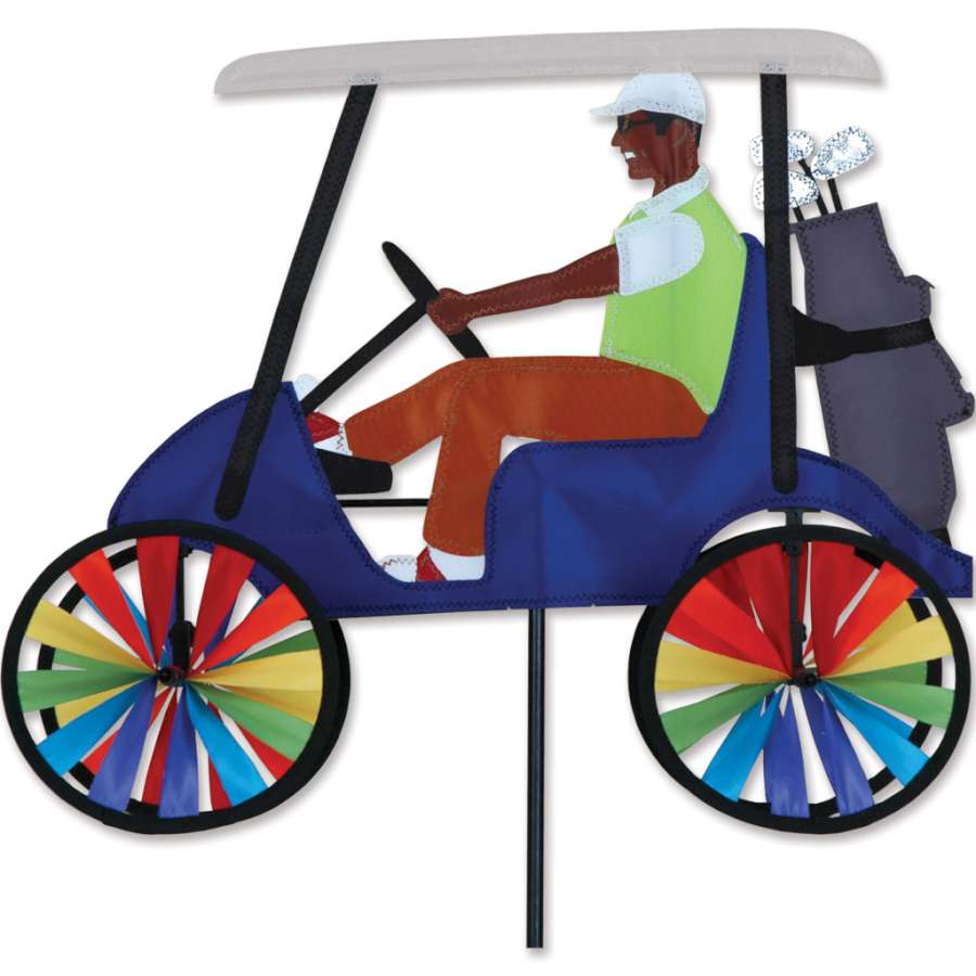 Vibrant blue 17 in. Golf Cart Spinner rotating on a golf cart in an outdoor golf course setting, enhancing the cart's appearance.