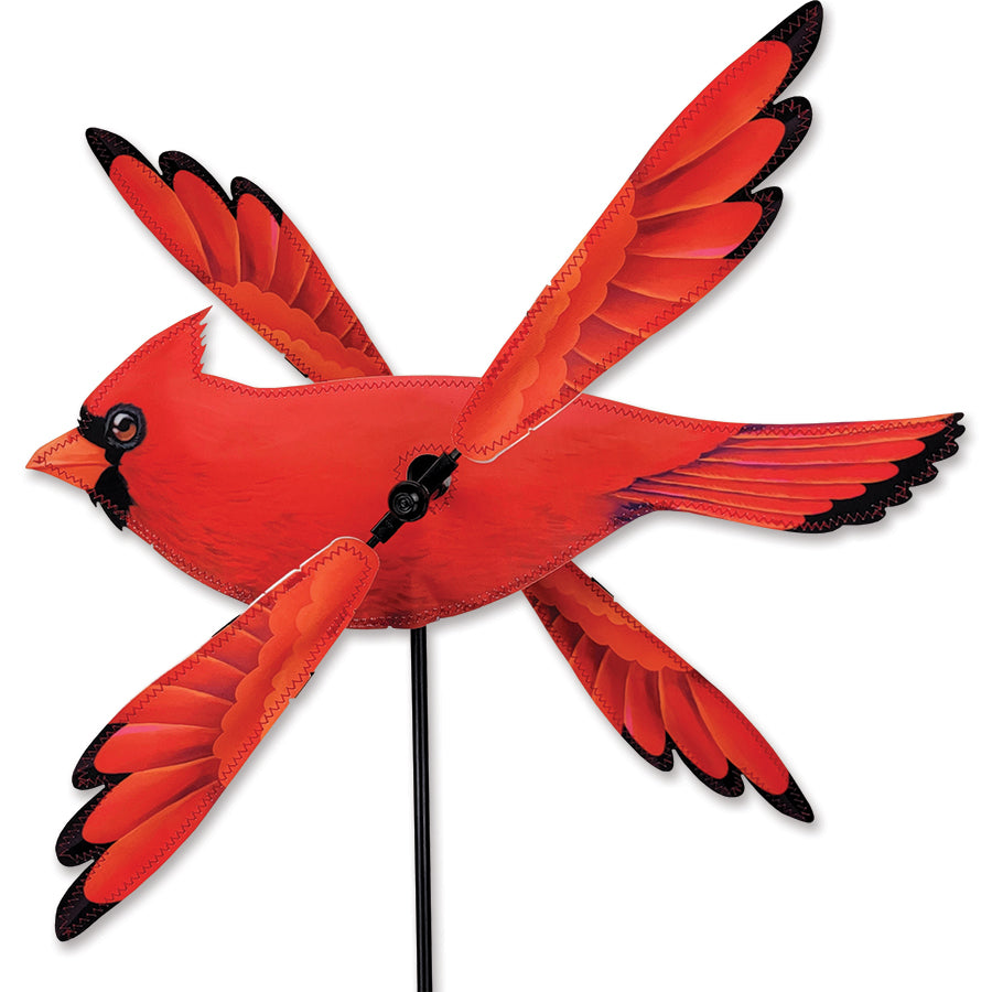 17 in. WhirliGig Spinner - Cardinal with colorful SunTex fabric wings spinning gracefully in a garden setting, showcasing dazzling cardinal design.