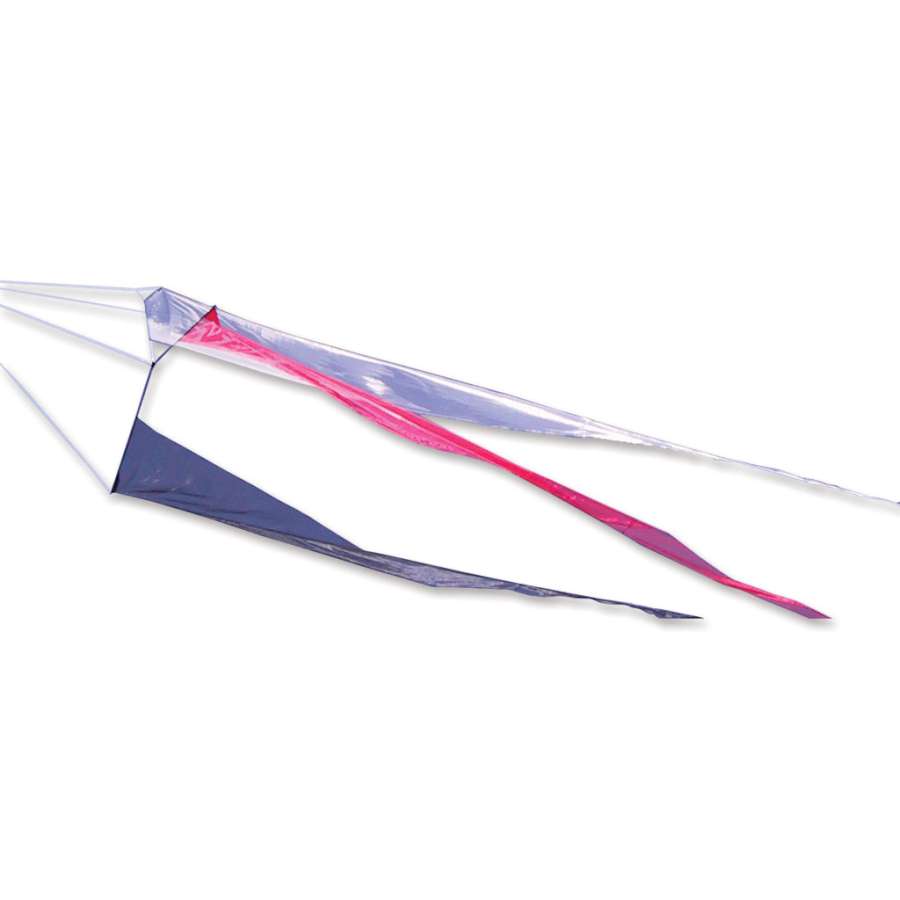 18 ft. Slo Mo Twister kite in red, black, and white made from organza fabric, soaring gracefully against a blue sky.