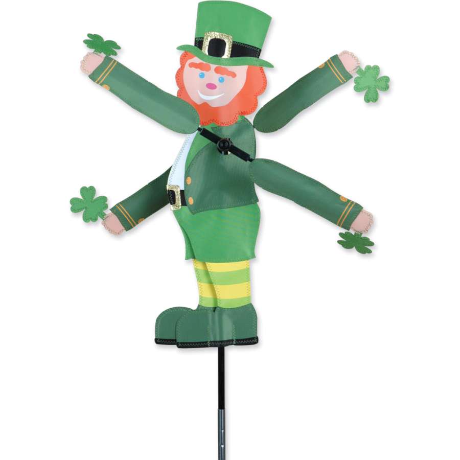 18 in. Leprechaun WhirliGig Spinner showcasing vibrant design spinning in light breeze against a backdrop of a garden.