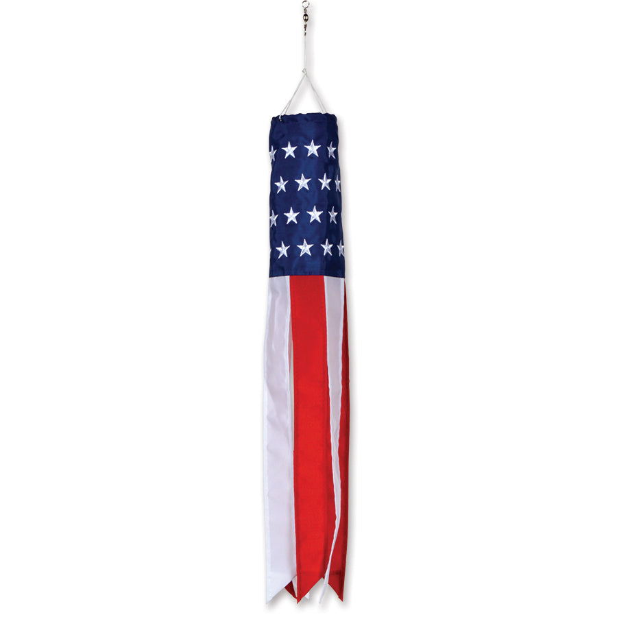 18 inch patriotic windsock with embroidered white stars on blue background and red white streamers hanging from an outdoor pole.