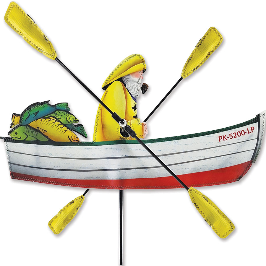 18 in. WhirliGig Spinner - Fisherman made of colorful SunTex fabric spinning gently in a garden setting, capturing the joy of outdoor leisure.