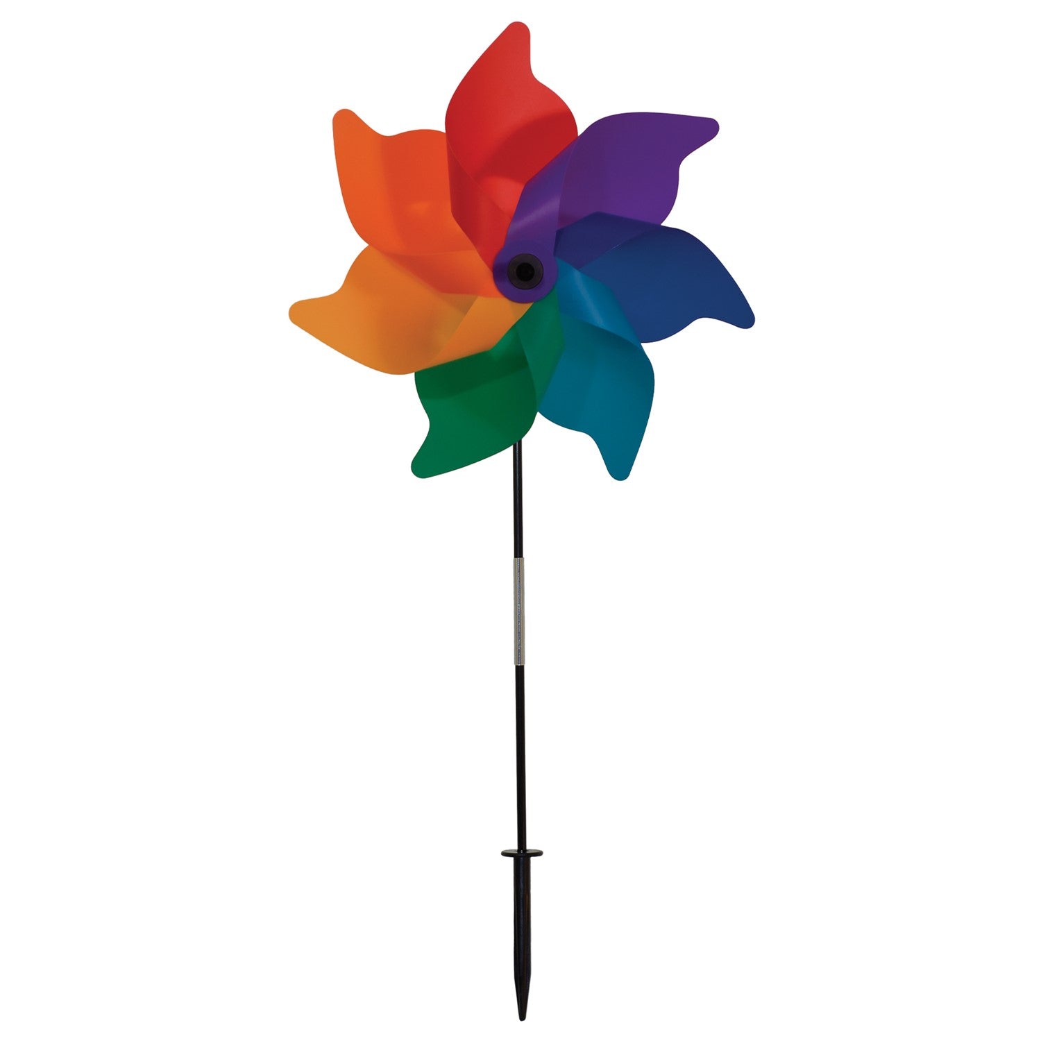 A vibrant 18\" Rainbow Poly Petal Spinner showing colorful petals spinning in the breeze, mounted on a two-section fiberglass pole in a garden setting.