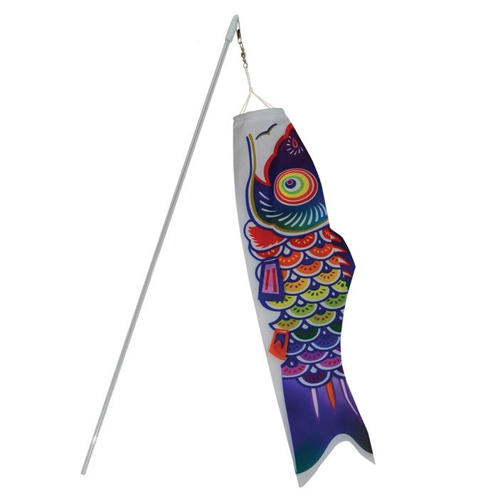 18-inch Spectrum Koi windsock attached to a 24-inch no-shatter plastic wand, displaying vibrant colors outdoors.