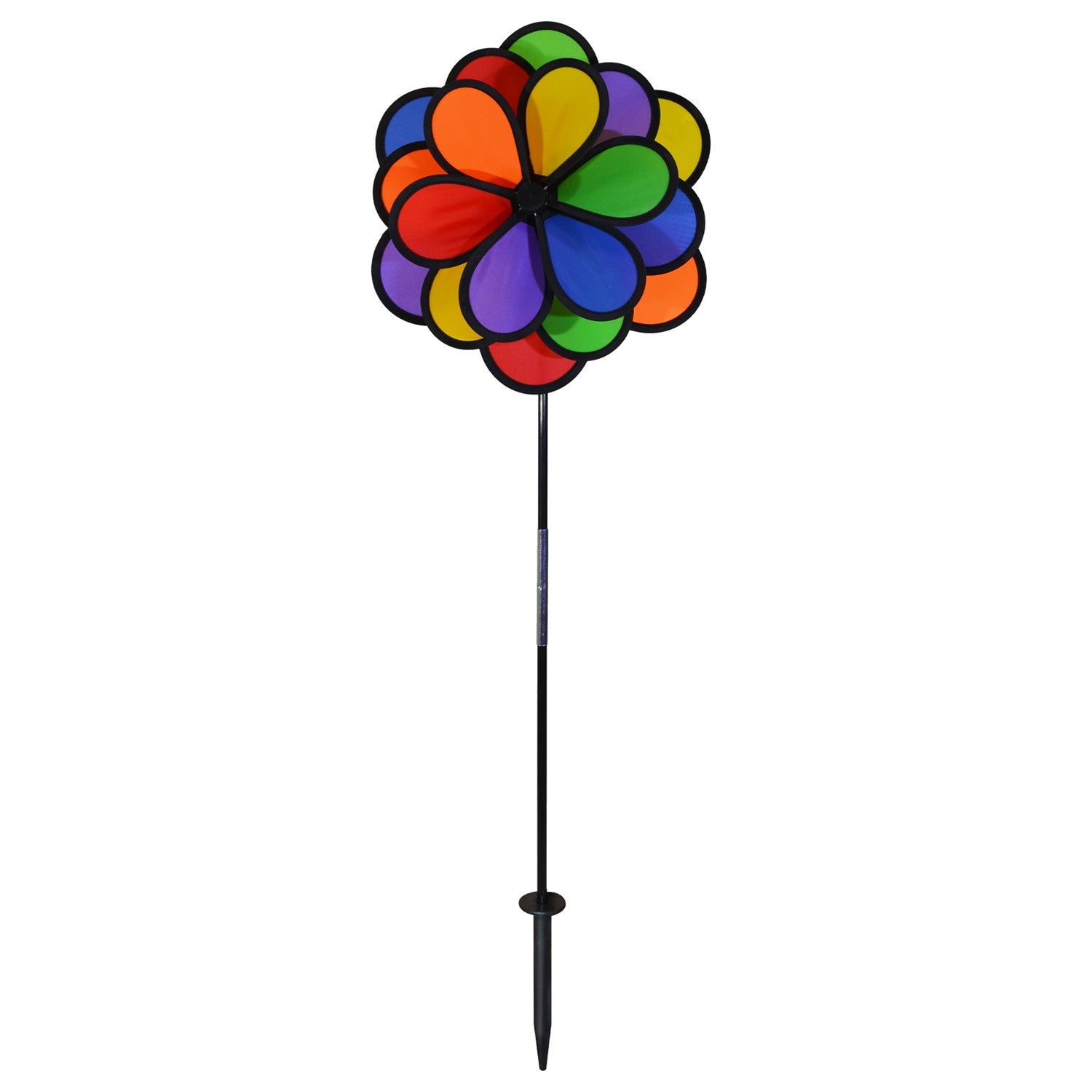 18 Petal Triple Flower Spinner with vibrant rainbow colors and rotating flower petals displayed in a garden on a sturdy pole.