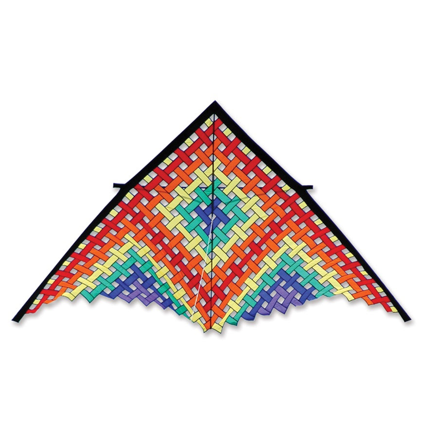 19 ft. Mesh Delta - Rainbow kite soaring in a bright blue sky with vibrant colors, showcasing its large and durable design.
