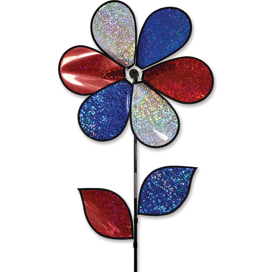 19 in. Flower Spinner - Patriotic Holographic with colorful petals spinning in the breeze, adding charm to a garden setting.