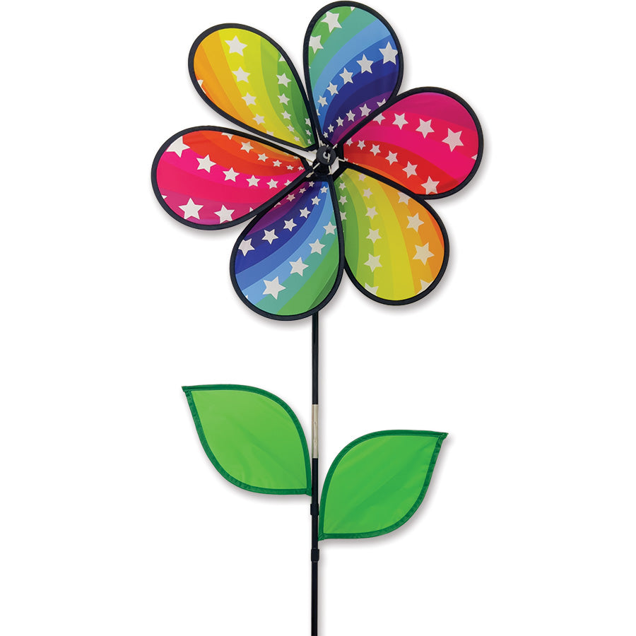 19 in. Flower Spinner - Rainbow Stars with colorful petals spinning in the wind, brightening up a garden setting.
